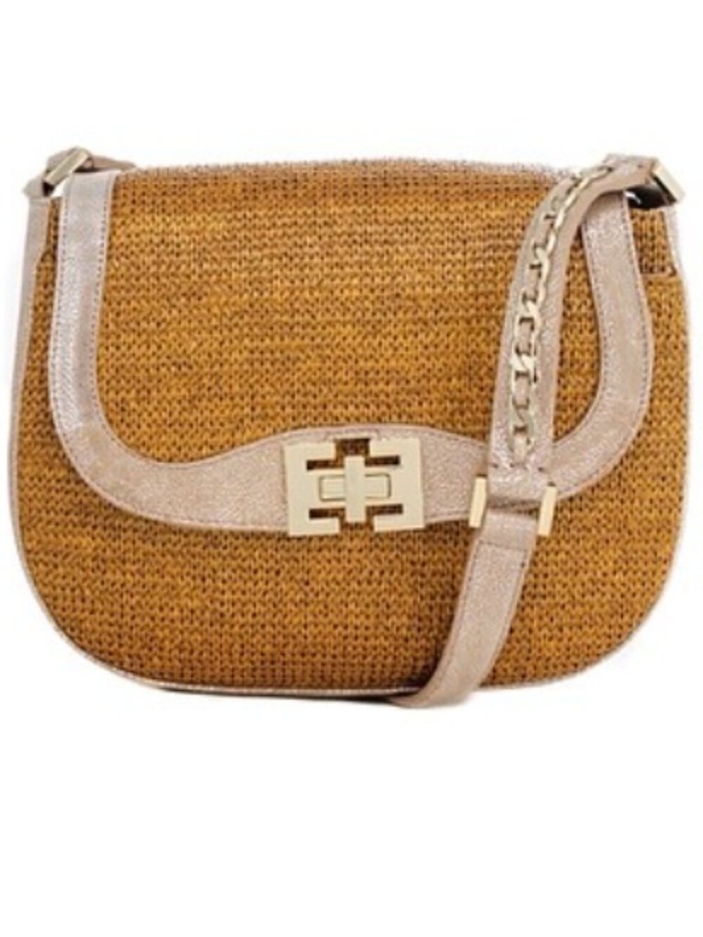 Elaine Turner woven crossbody purse features a textured tan raffia body